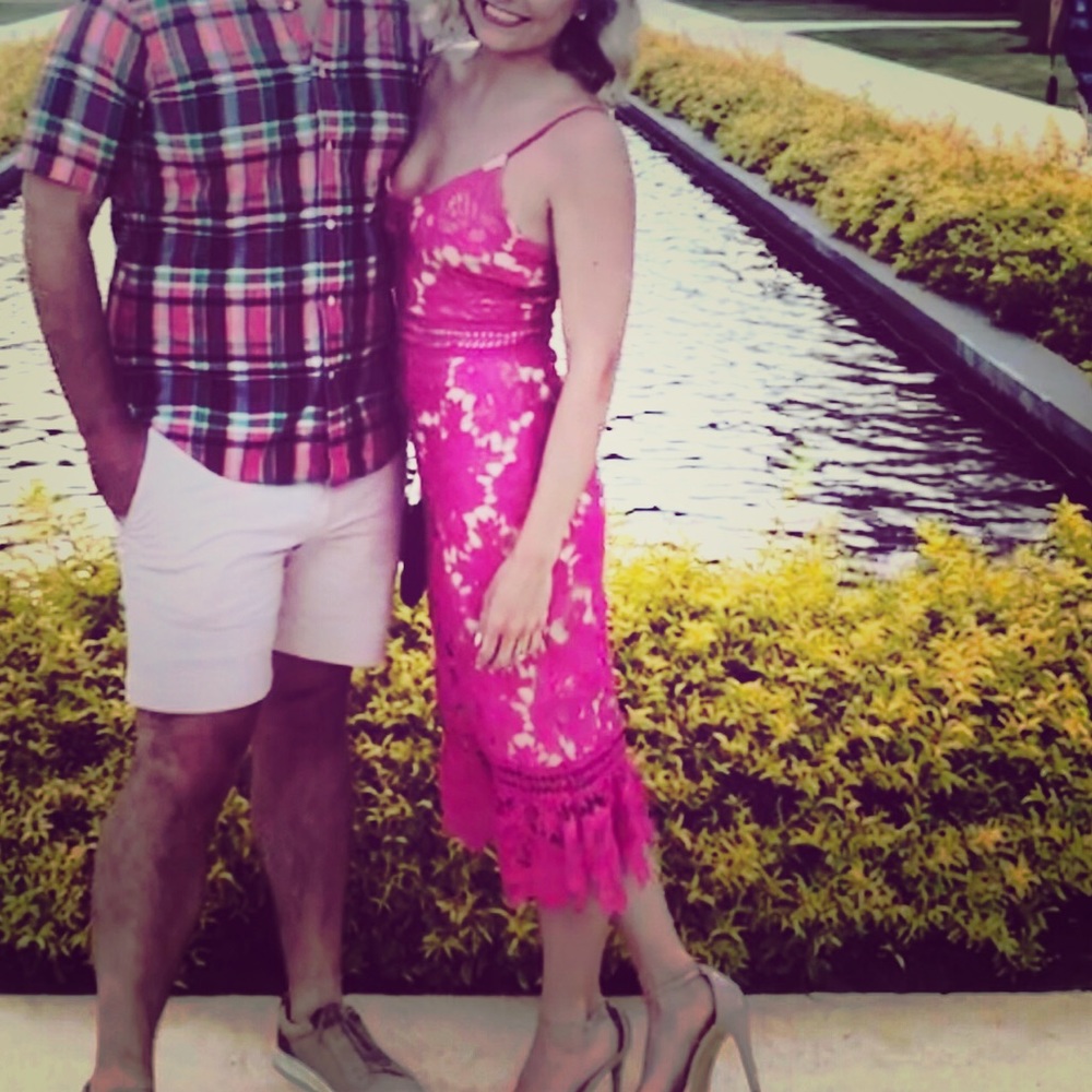 Pink and nude lace midi dress